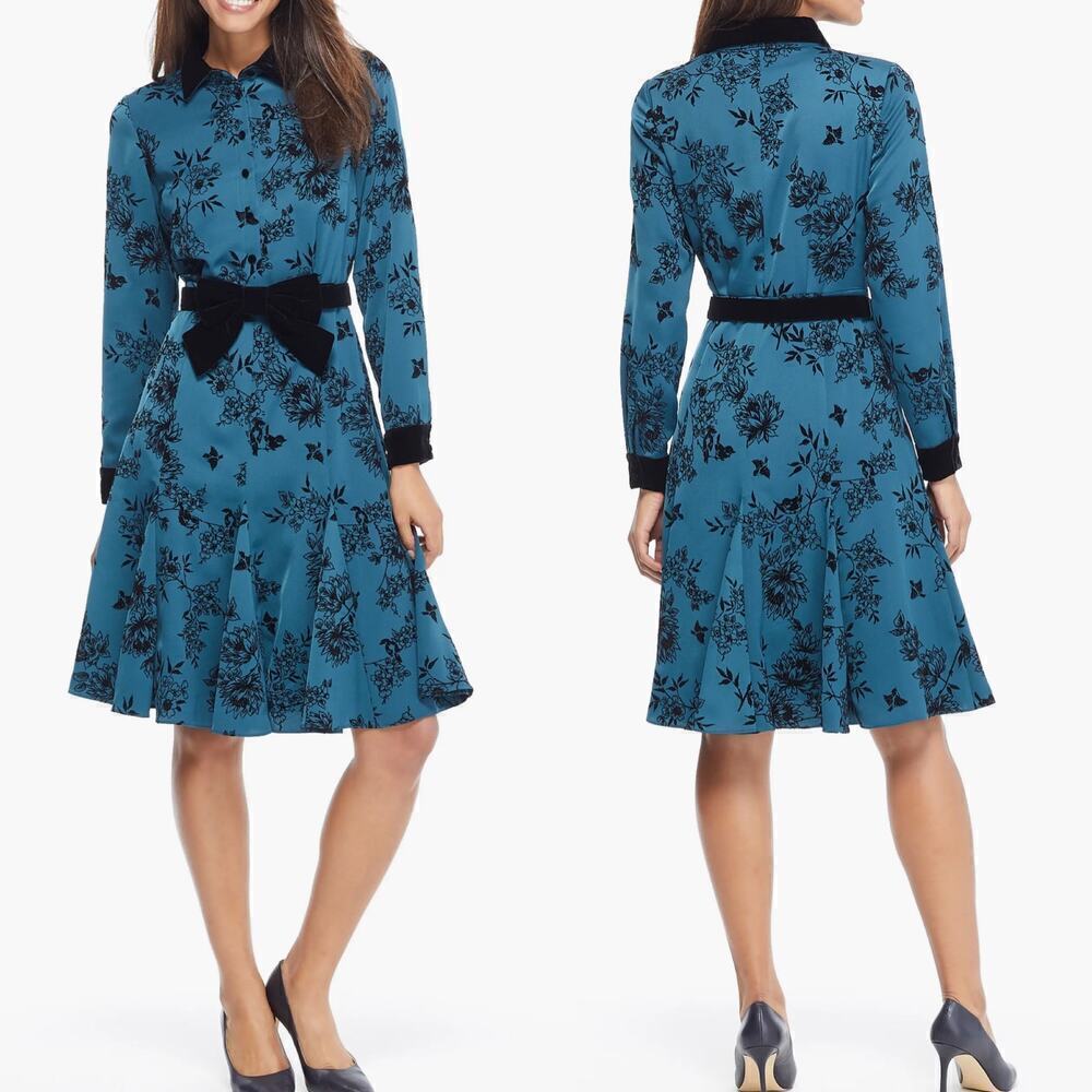 NEW GAL MEETS GLAM TEAL BLACK COLLAR FLORAL KNEE LENGTH DRESS SIZE 4